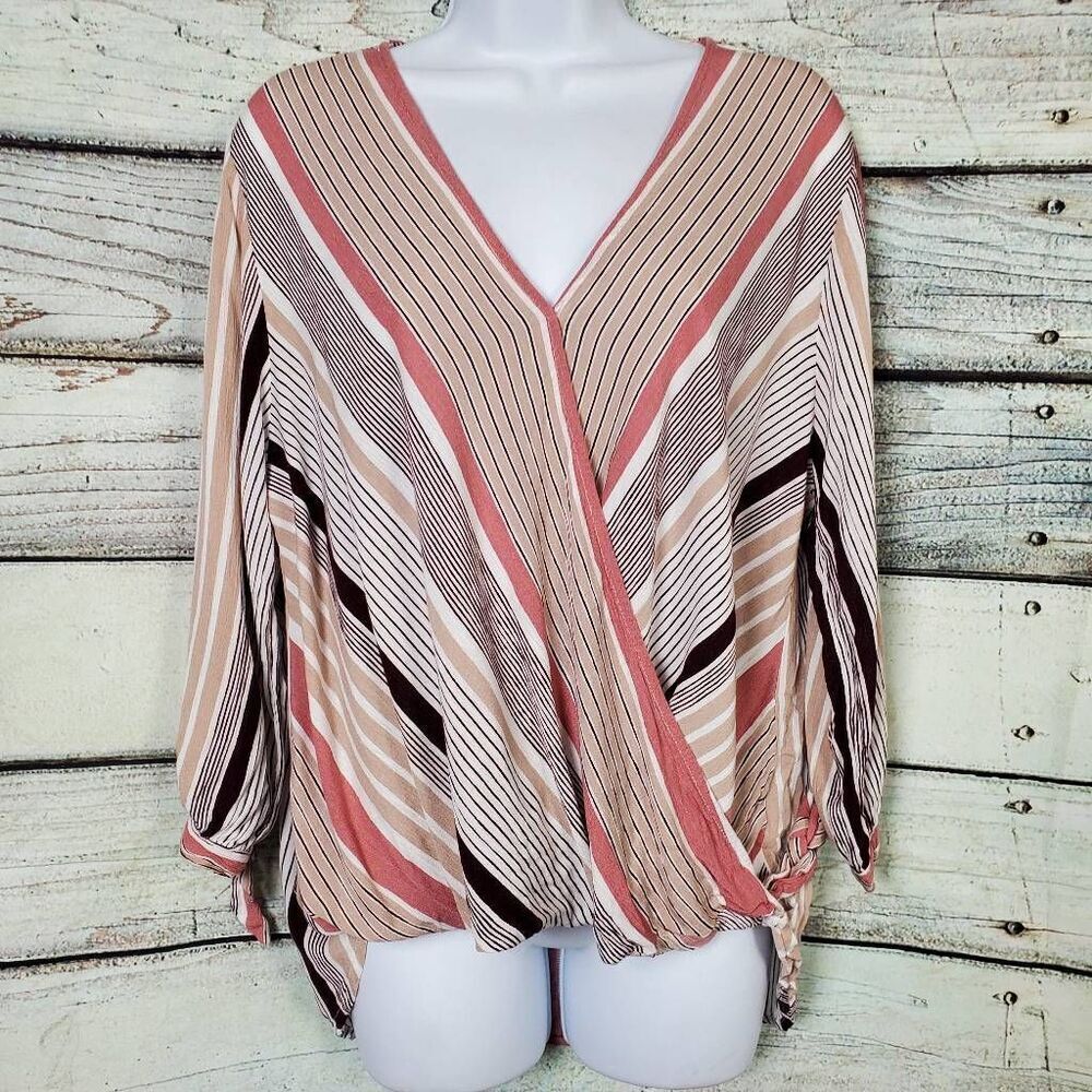 Women's Striped Surplice Blouse in Blush and Cream